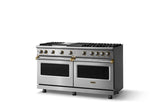 60"W. Sealed Burner Gas Range (Finish: Stainless Steel, Trim: Brushed Brass, Fuel: Natural Gas)