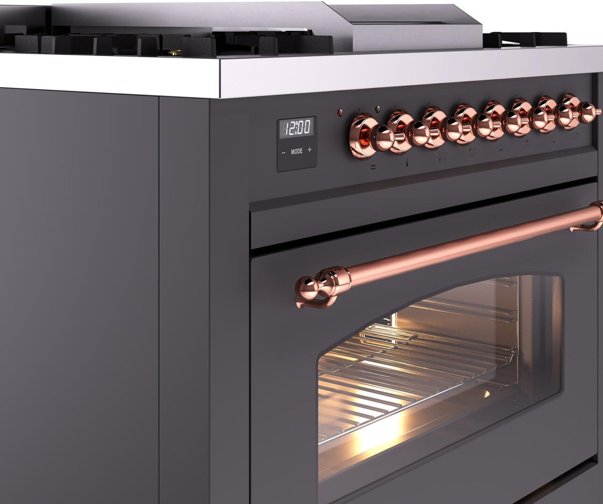 Nostalgie II 36 Inch Dual Fuel Natural Gas Freestanding Range in Matte Graphite with Copper Trim