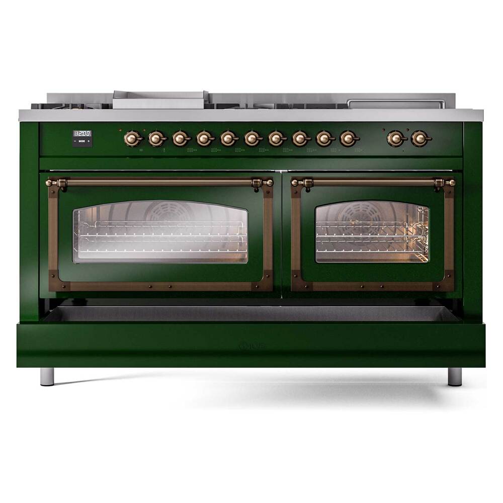ILVE UN60FSNMPEGB Nostalgie II Noblesse 60 inch Dual Fuel Range (7 Sealed Burners + Griddle + French Top, Natural Gas, Triple Glass Door, Emerald Green, Burnished)