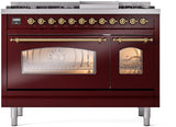 Nostalgie II 48 Inch Dual Fuel Natural Gas Freestanding Range in Burgundy with Brass Trim