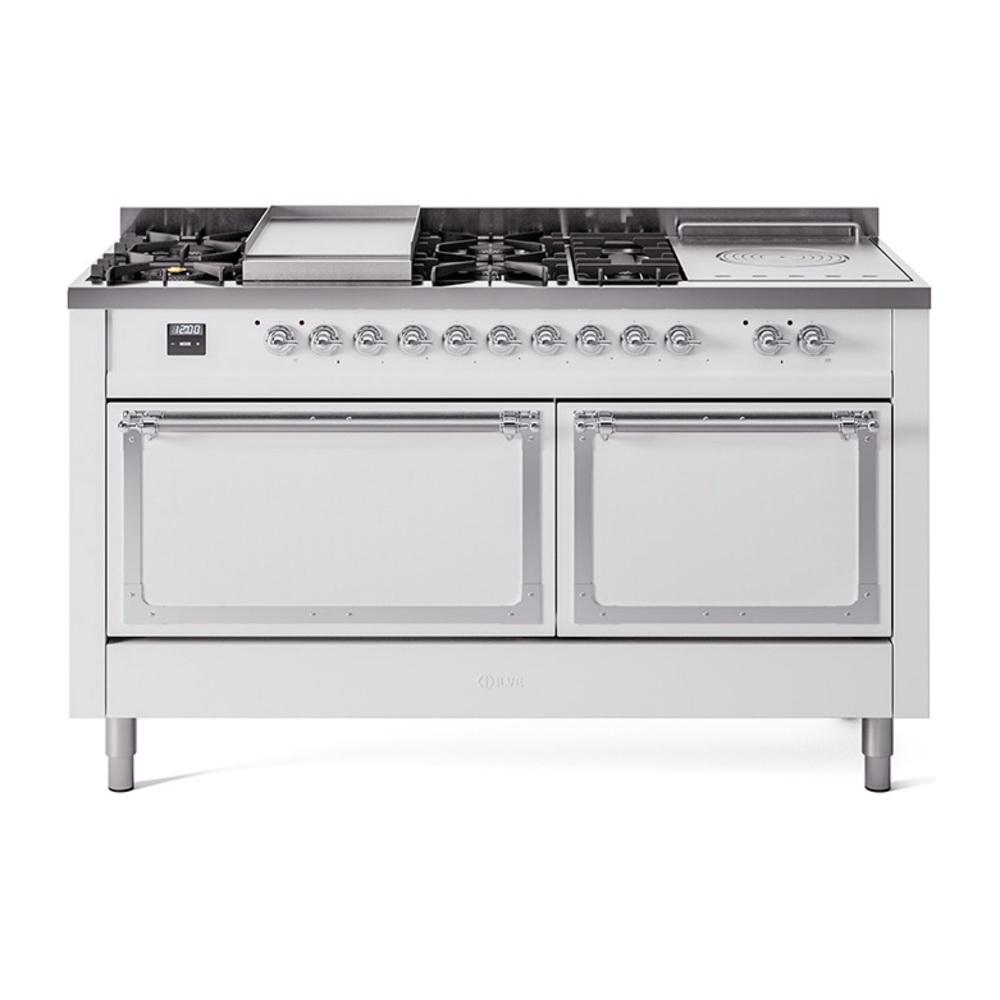 ILVE UN60FSQNMPWHC Nostalgie II Noblesse 60 inch Dual Fuel Range (7 Sealed Burners + Griddle + French Top, Natural Gas, Solid Door, White, Chrome)