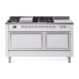 ILVE UN60FSQNMPWHC Nostalgie II Noblesse 60 inch Dual Fuel Range (7 Sealed Burners + Griddle + French Top, Natural Gas, Solid Door, White, Chrome)