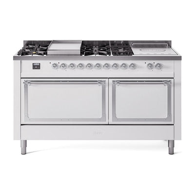 ILVE UN60FSQNMPWHC Nostalgie II Noblesse 60 inch Dual Fuel Range (7 Sealed Burners + Griddle + French Top, Natural Gas, Solid Door, White, Chrome)