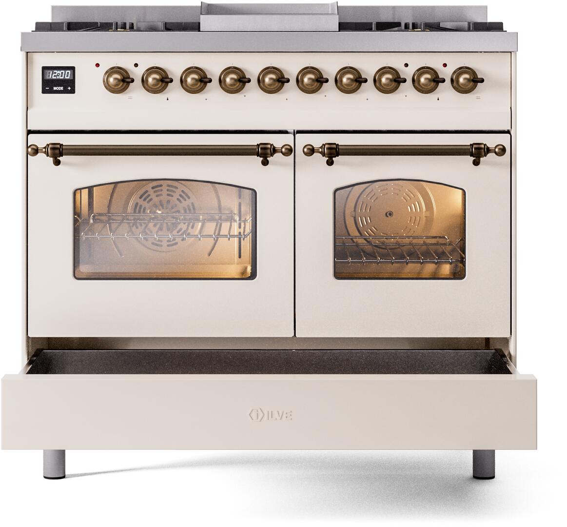 Nostalgie II 40 Inch Dual Fuel Natural Gas Freestanding Range in Antique White with Bronze Trim
