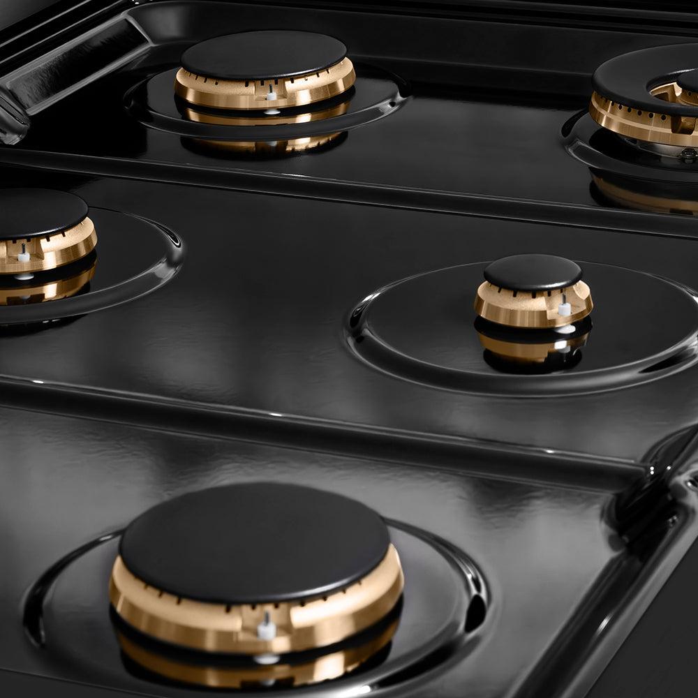 ZLINE Autograph Edition 36 in. 5.2 cu. ft. Paramount Dual Fuel Range with 6 Burner Gas Cooktop and Electric Convection Oven in Black Stainless Steel with Champagne Bronze Helix Handle and Knob Accents (SDRBZ-36-KCB)