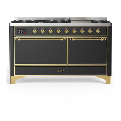 ILVE UM60FQNR3MGGLP Majestic III 60 inch Dual Fuel Range with 9 Burners and Griddle, Dual Function Burner up to 25,000 BTU (Liquid Propane, Solid Door, Graphite Matte, Brass)