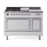ILVE UN48FSQNMPWHC Nostalgie II Noblesse 48 inch Dual Fuel Range (5 Sealed Burners + Griddle + French Top, Natural Gas, Solid Door, White, Chrome)