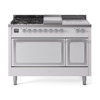 ILVE UN48FSQNMPWHC Nostalgie II Noblesse 48 inch Dual Fuel Range (5 Sealed Burners + Griddle + French Top, Natural Gas, Solid Door, White, Chrome)