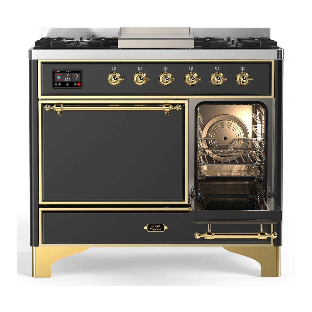 ILVE UMD40FQNR3MGGLP Majestic III 40 inch Dual Fuel Range with 6 Burners and Griddle, Dual Function Burner up to 25,000 BTU (Liquid Propane, Solid Door, Graphite Matte, Brass)