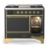 ILVE UMD40FQNR3MGGLP Majestic III 40 inch Dual Fuel Range with 6 Burners and Griddle, Dual Function Burner up to 25,000 BTU (Liquid Propane, Solid Door, Graphite Matte, Brass)