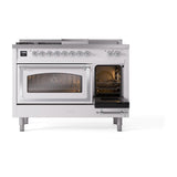 ILVE UN48FSNMPRACLP Nostalgie II Noblesse 48 inch Dual Fuel Range (5 Sealed Burners + Griddle + French Top, Liquid Propane, Triple Glass Door, RAL, Chrome)
