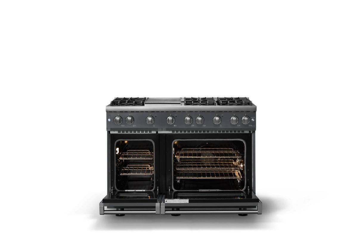 48"W. Sealed Burner Gas Range (Burner: 6g, Finish: Cast Black, Trim: Polished Chrome, Fuel: Natural Gas)