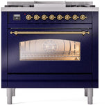 Nostalgie II 36 Inch Dual Fuel Liquid Propane Freestanding Range in Blue with Brass Trim