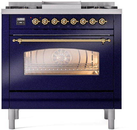Nostalgie II 36 Inch Dual Fuel Liquid Propane Freestanding Range in Blue with Brass Trim