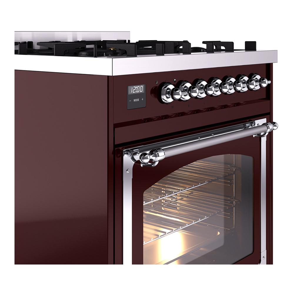 ILVE UN30NMPBUC Nostalgie II Noblesse 30 inch Dual Fuel Range (Natural Gas, Triple Glass Door, Burgundy, Chrome)