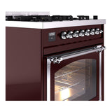 ILVE UN30NMPBUC Nostalgie II Noblesse 30 inch Dual Fuel Range (Natural Gas, Triple Glass Door, Burgundy, Chrome)