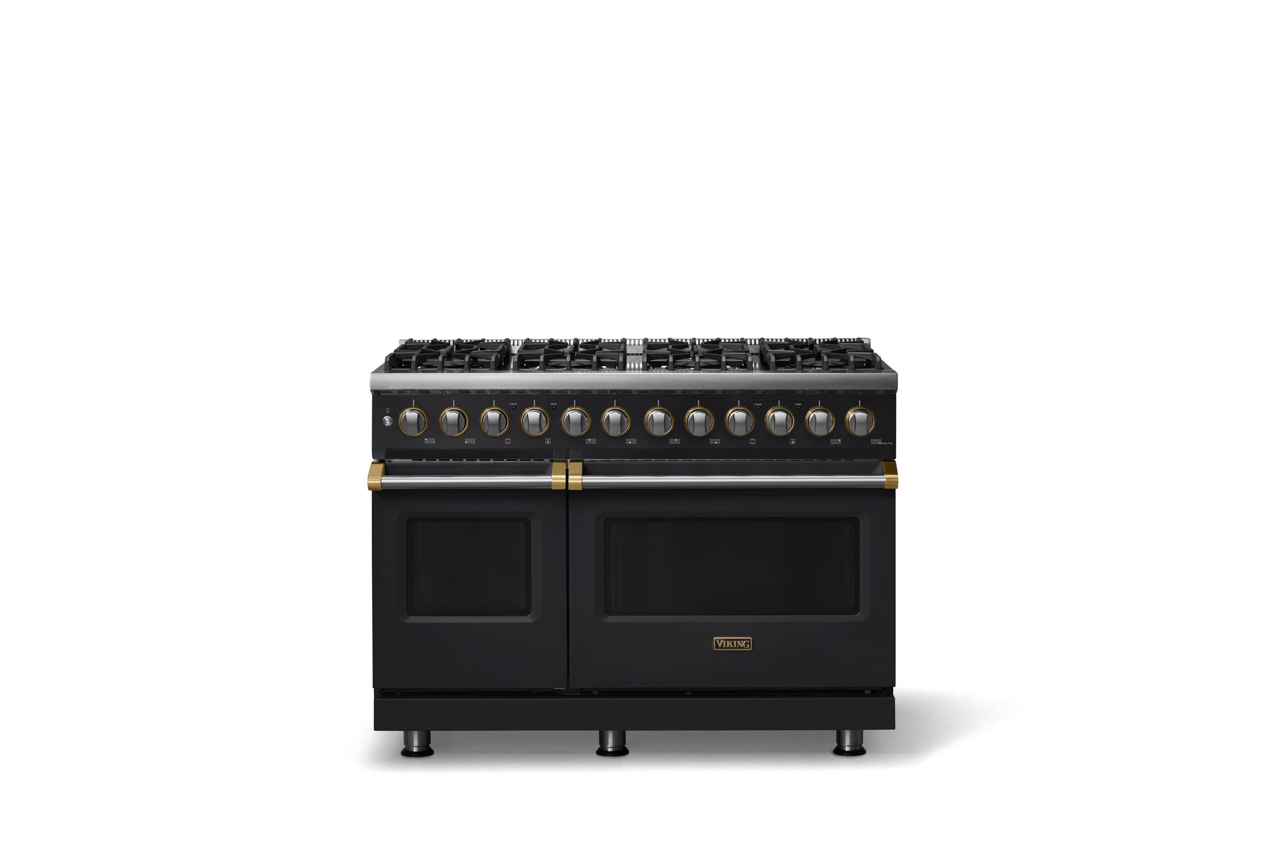 48"W. Dual Fuel Range (Burner: 8b, Finish: Onyx, Trim: Brushed Brass, Fuel: Natural Gas)