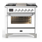 ILVE UM36FNR3WHCLP Majestic III 36 inch Dual Fuel Range with 6 Black Brass Burners and Griddle, Dual Function Burner up to 25,000 BTU (Triple Glass Door, White, Chrome, Liquid Propane)