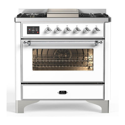 ILVE UM36FNR3WHCLP Majestic III 36 inch Dual Fuel Range with 6 Black Brass Burners and Griddle, Dual Function Burner up to 25,000 BTU (Triple Glass Door, White, Chrome, Liquid Propane)