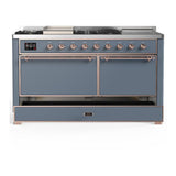 ILVE UM60FSQNR3BGP Majestic III 60 inch Dual Fuel Range with 7 Burners, Griddle and French Top, Dual Function Burner with up to 25,000 BTU (Natural Gas, Solid Door, Blue Grey, Copper)