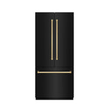 ZLINE Autograph Edition 36 in. 19.6 cu. ft. French Door Built-In Bottom Freezer Refrigerator with Water Dispenser and Ice Maker in Black Stainless Steel with Graphite Gray Interior and Polished Gold Accents (GRBIVZ-BS-36-G)