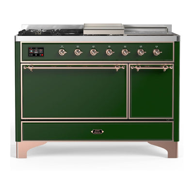 ILVE UM48FSQNR3EGPLP Majestic III 48 inch Dual Fuel Range with 5 Black Brass Burners, Griddle and French Top, Dual Function Burner up to 25,000 BTU (Liquid Propane, Solid Door, Emerald Green, Copper)