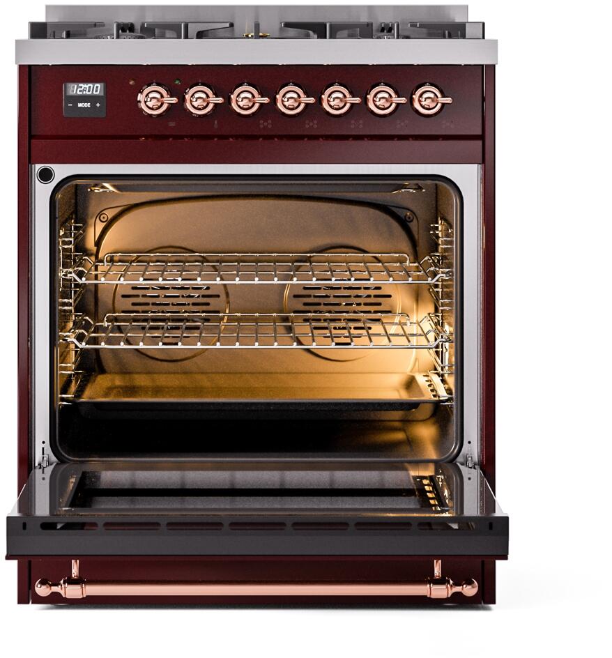 Nostalgie II 30 Inch Dual Fuel Natural Gas Freestanding Range in Burgundy with Copper Trim