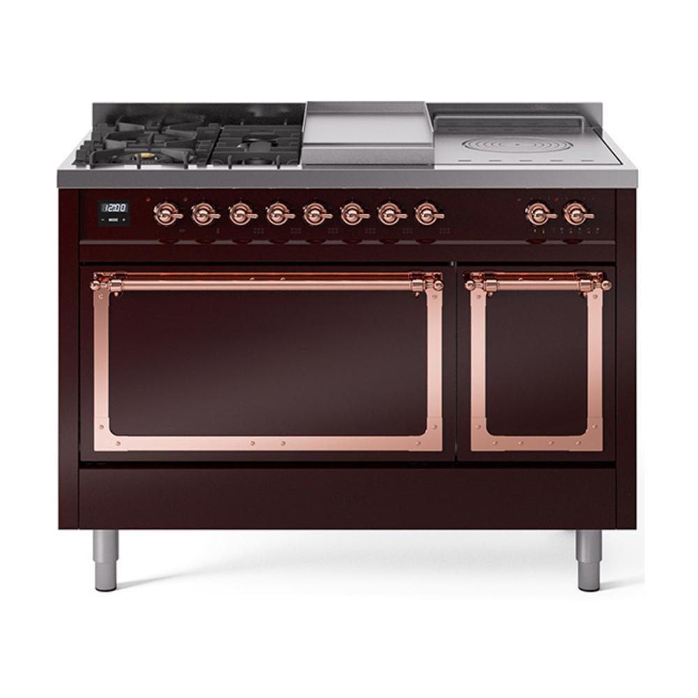 ILVE UN48FSQNMPBUP Nostalgie II Noblesse 48 inch Dual Fuel Range (5 Sealed Burners + Griddle + French Top, Natural Gas, Solid Door, Burgundy, Copper)