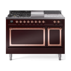ILVE UN48FSQNMPBUP Nostalgie II Noblesse 48 inch Dual Fuel Range (5 Sealed Burners + Griddle + French Top, Natural Gas, Solid Door, Burgundy, Copper)
