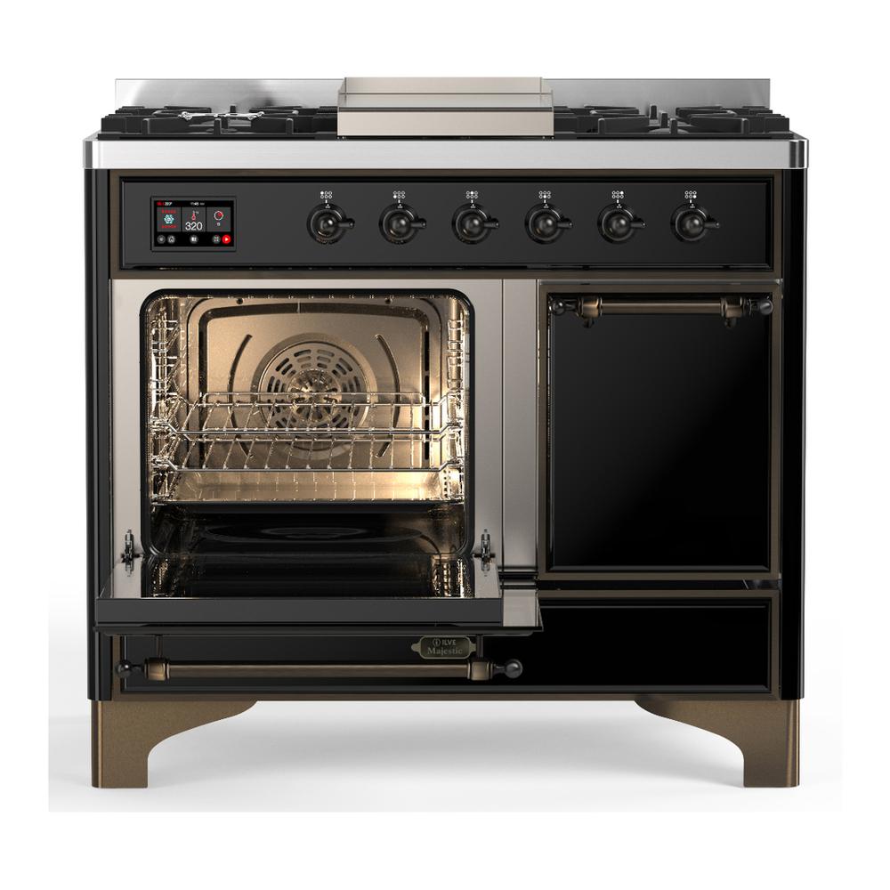 ILVE UMD40FQNR3BKB Majestic III 40 inch Dual Fuel Range with 6 Burners and Griddle, Dual Function Burner up to 25,000 BTU (Natural Gas, Solid Door, Glossy Black, Burnished)