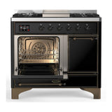 ILVE UMD40FQNR3BKB Majestic III 40 inch Dual Fuel Range with 6 Burners and Griddle, Dual Function Burner up to 25,000 BTU (Natural Gas, Solid Door, Glossy Black, Burnished)