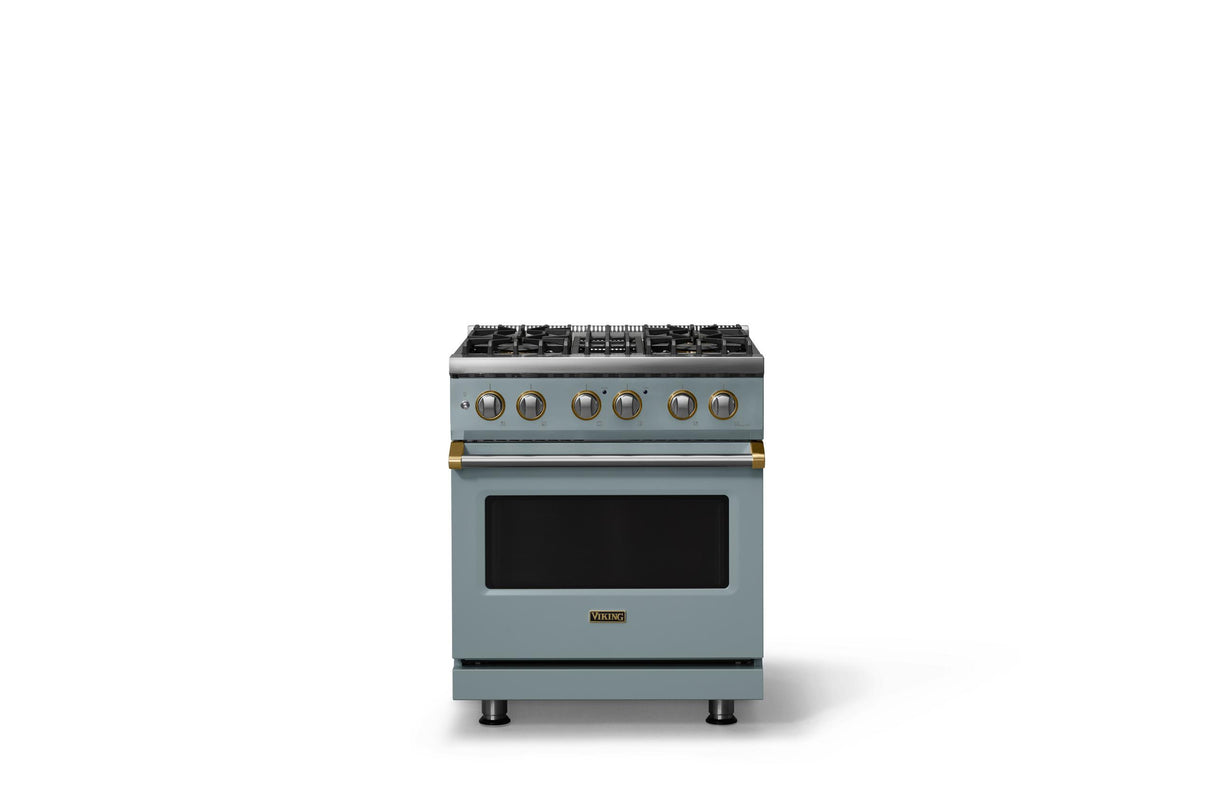 30"W. Dual Fuel Range (Finish: November Sky, Trim: Brushed Brass, Fuel: Natural Gas)