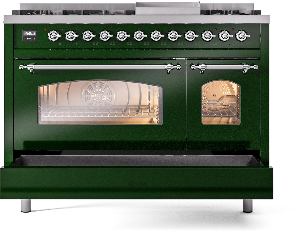 Nostalgie II 48 Inch Dual Fuel Liquid Propane Freestanding Range in Emerald Green with Chrome Trim