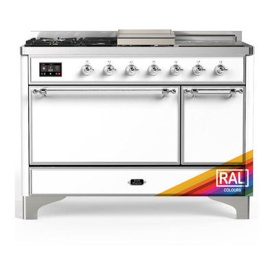ILVE UM48FSQNR3RAC Majestic III 48 inch Dual Fuel Range with 5 Black Brass Burners, Griddle and French Top, Dual Function Burner up to 25,000 BTU (Natural Gas, Solid Door, RAL, Chrome)