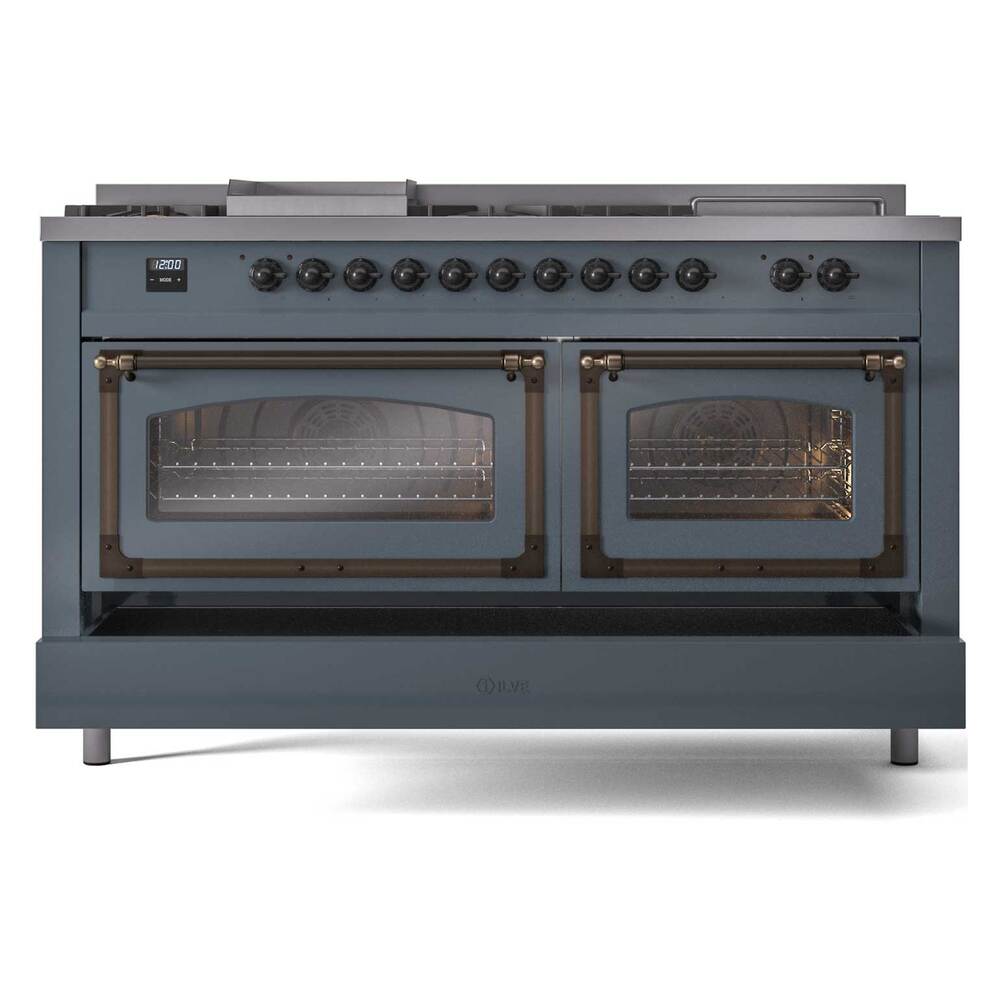ILVE UN60FSNMPBGBLP Nostalgie II Noblesse 60 inch Dual Fuel Range (7 Sealed Burners + Griddle + French Top, Liquid Propane, Triple Glass Door, Blue Grey, Burnished)