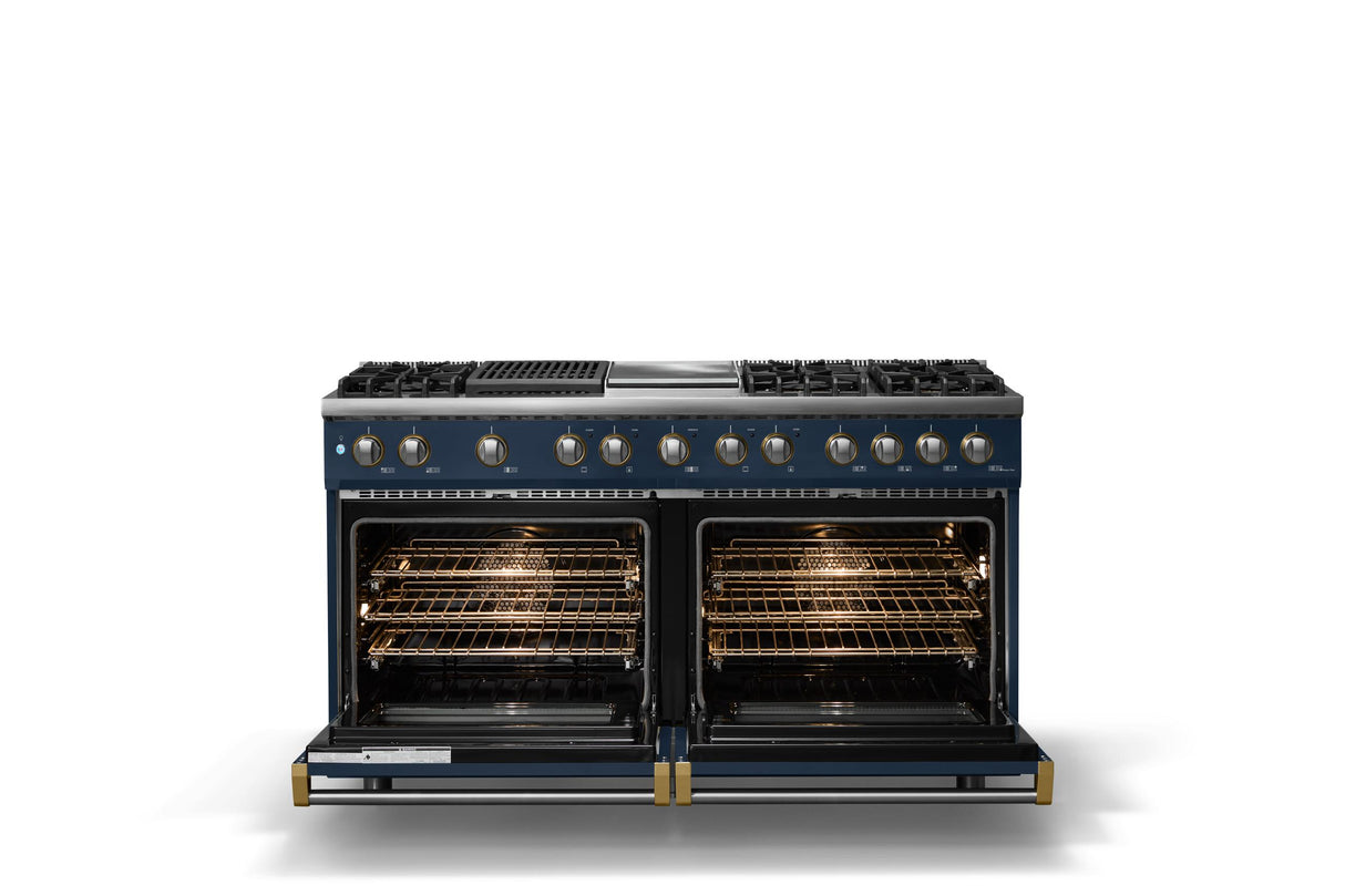 60"W.Dual Fuel Range (Finish: Slate Blue, Trim: Polished Chrome, Fuel: Propane)