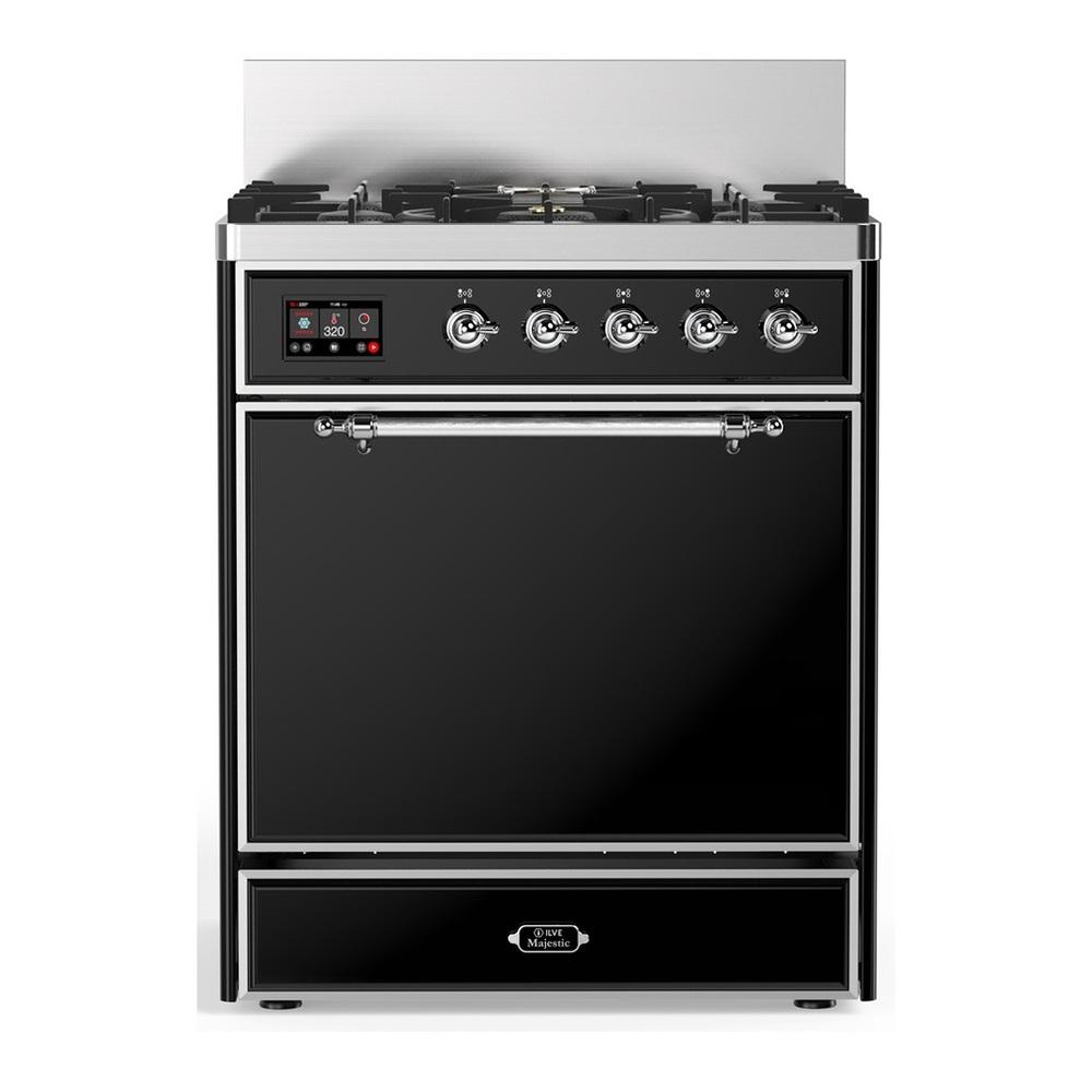 ILVE UM30QNR3BKCLP Majestic III 30 inch Dual Fuel Range with 5 Black Brass Burners, Dual Function Burner up to 25,000 BTU (Liquid Propane, Solid Door, Glossy Black, Chrome)