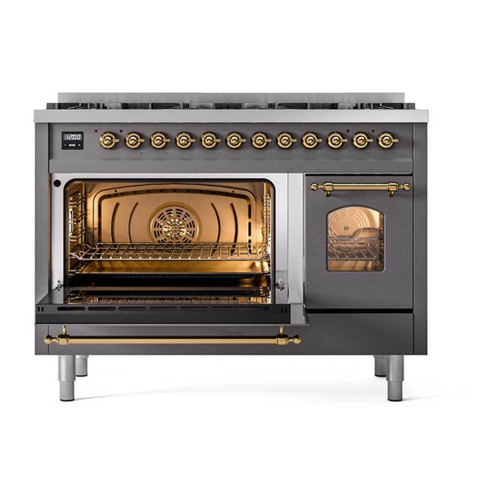 ILVE UP488NMPMGGLP Nostalgie II 48 inch Dual Fuel Range with 8 Total Black Brass Sealed Burners, Brass Trim (Limited Edition) (Liquid Propane, Graphite Matte)