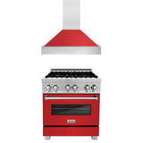 ZLINE 30 in. Kitchen Package with DuraSnow Stainless Steel Dual Fuel Range with Red Matte Door and Convertible Vent Range Hood (2KP-RASRMRH30)