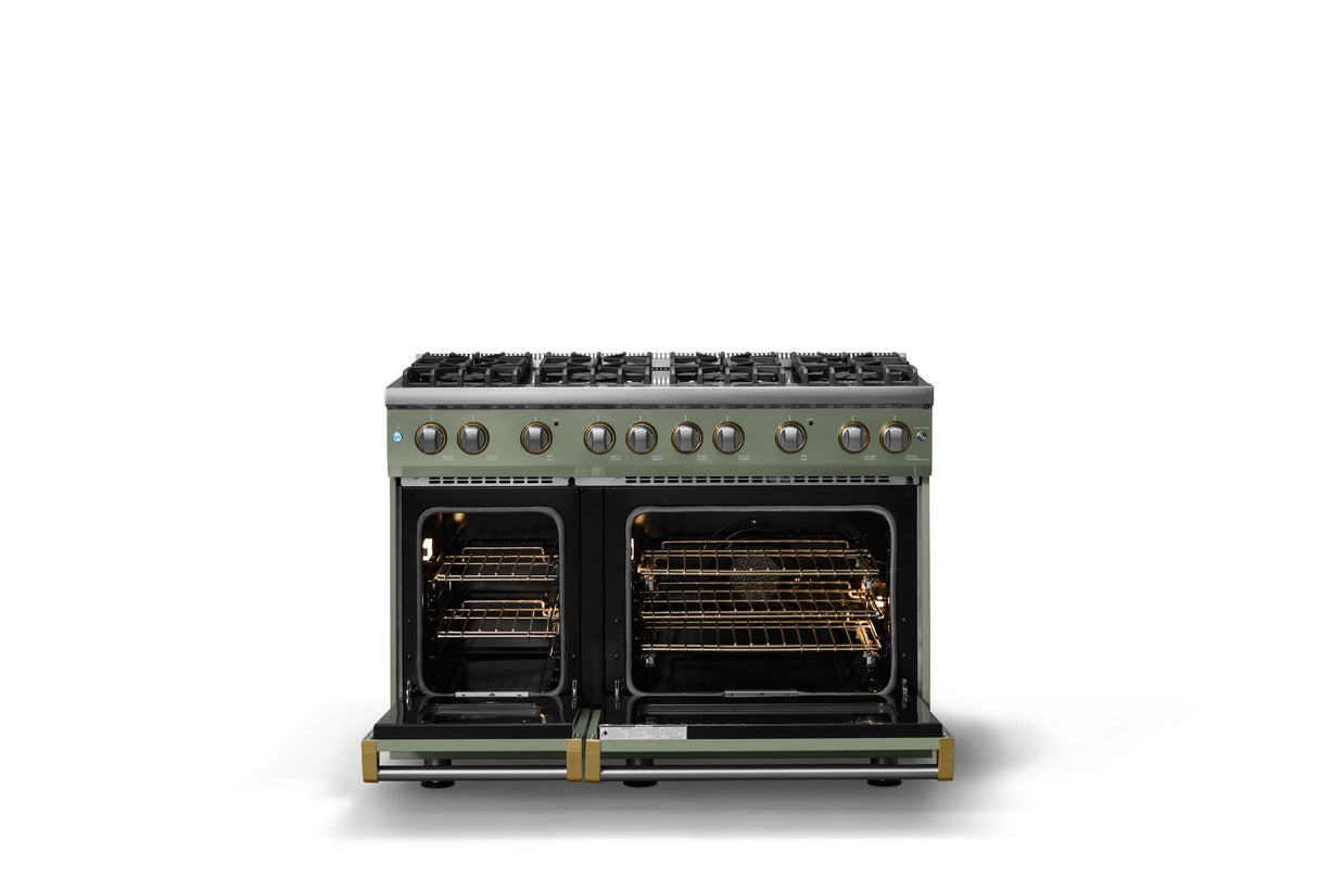 48"W. Sealed Burner Gas Range (Burner: 8b, Finish: Eucalyptus, Trim: Polished Chrome, Fuel: Propane)