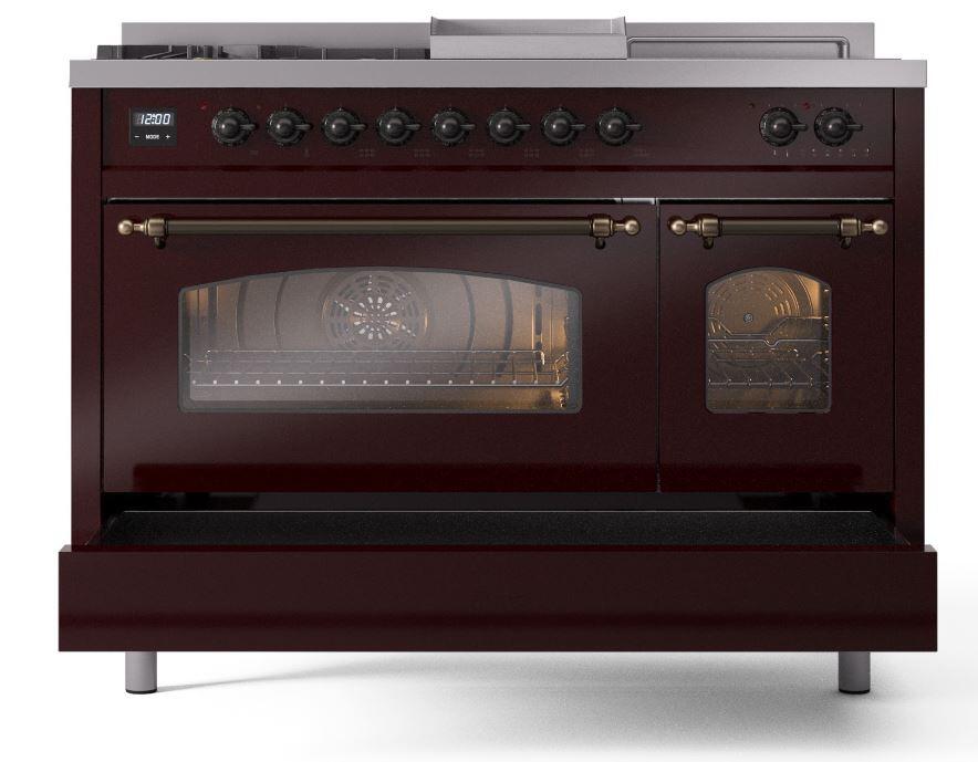 Nostalgie II 48 Inch Dual Fuel Liquid Propane Freestanding Range in Burgundy with Bronze Trim