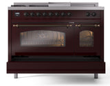 Nostalgie II 48 Inch Dual Fuel Liquid Propane Freestanding Range in Burgundy with Bronze Trim