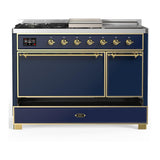 ILVE UM48FSQNR3MBGLP Majestic III 48 inch Dual Fuel Range with 5 Black Brass Burners, Griddle and French Top, Dual Function Burner up to 25,000 BTU (Liquid Propane, Solid Door, Midnight Blue, Brass)