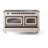 ILVE UN60FNMPAWBLP Nostalgie II Noblesse 60 inch Dual Fuel Range (9 Sealed Burners + Griddle, Liquid Propane, Triple Glass Door, Antique White, Burnished)
