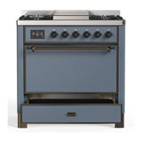 ILVE UM36FQNR3BGB Majestic III 36 inch Dual Fuel Range with 6 Black Brass Burners and Griddle, Dual Function Burner up to 25,000 BTU (Solid Door, Blue Grey, Burnished, Natural Gas)