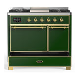 ILVE UMD40FQNR3EGGLP Majestic III 40 inch Dual Fuel Range with 6 Burners and Griddle, Dual Function Burner up to 25,000 BTU (Liquid Propane, Solid Door, Emerald Green, Brass)