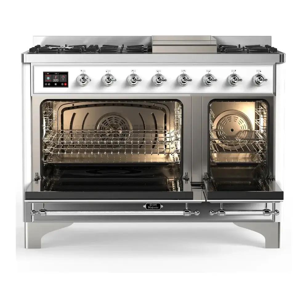 ILVE UM48FNR3RAC Majestic III 48 inch Dual Fuel Range with 8 Burners and Griddle, Dual Function Burner up to 25,000 BTU (Natural Gas, Triple Glass Door, RAL, Chrome)