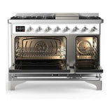 ILVE UM48FNR3RAC Majestic III 48 inch Dual Fuel Range with 8 Burners and Griddle, Dual Function Burner up to 25,000 BTU (Natural Gas, Triple Glass Door, RAL, Chrome)