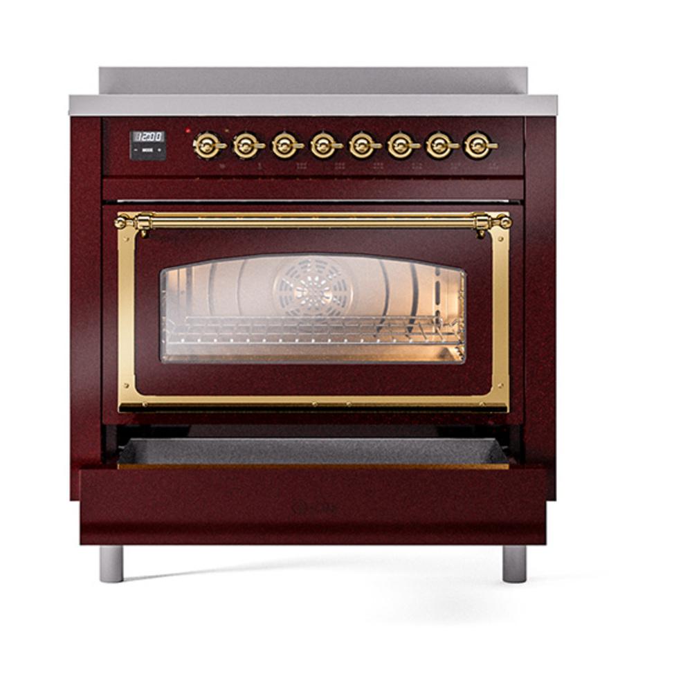 ILVE UNI366NMPBUG Nostalgie II Noblesse 36 inch Induction Range (Triple Glass Door, Burgundy, Brass)