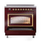 ILVE UNI366NMPBUG Nostalgie II Noblesse 36 inch Induction Range (Triple Glass Door, Burgundy, Brass)